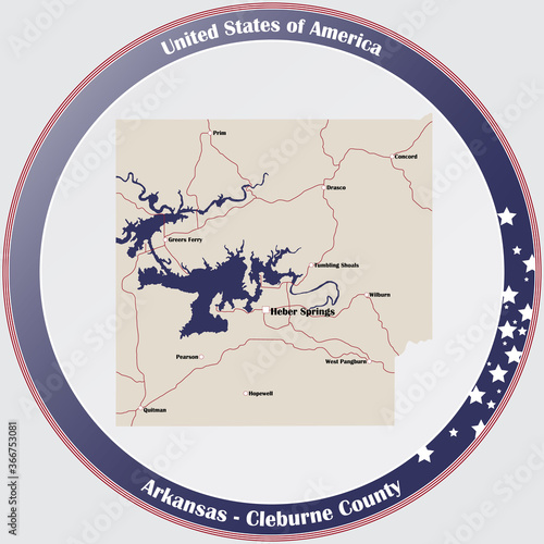 Round button with detailed map of Cleburne County in Arkansas, USA.
