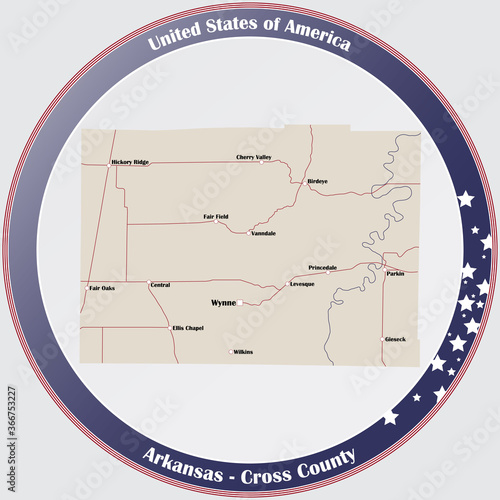 Round button with detailed map of Cross County in Arkansas, USA. photo