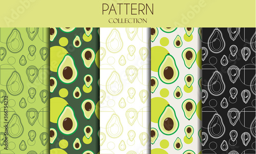 A set of seamless patterns with avocado. Flat design illustration with fruit in stylish green colors. Monochrome pattern . Black and white composition. Tropic exotic fruit. Health food, fabric