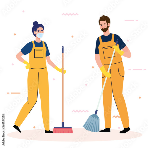 janitors team cleaning service, couple cleaners wearing medical mask, in uniform working with professional equipment of cleaner