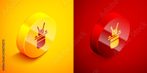 Isometric Magician hat and rabbit icon isolated on orange and red background. Magic trick. Mystery entertainment concept. Circle button. Vector.