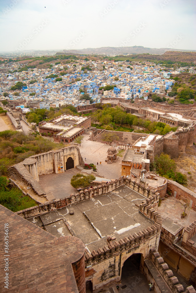 Jodhpur skyline view of blue traditional homes from fortress view, India