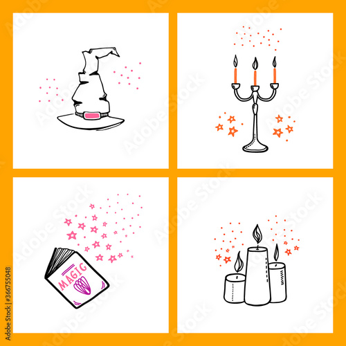 Halloween doodle collection of hand drawn icons. Spooky and fun doodle elements for halloween decorations and sticker. Hat, magic book and candles