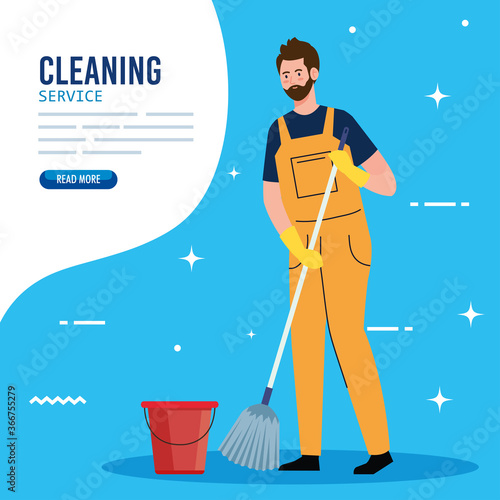 banner, man cleaning worker with mop and bucket, man janitor with mop and bucket