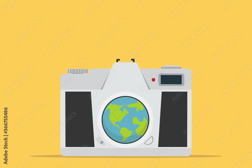 Retro camera with world map on yellow background Retro camera with world map on yellow background