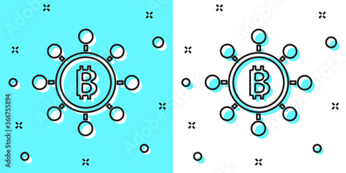 Black line Blockchain technology Bitcoin icon isolated on green and white background. Abstract geometric block chain network technology business. Random dynamic shapes. Vector.