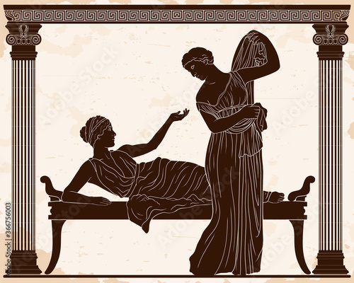 Two ancient Greek young women in the bedroom are in dialogue. Ancient painting.