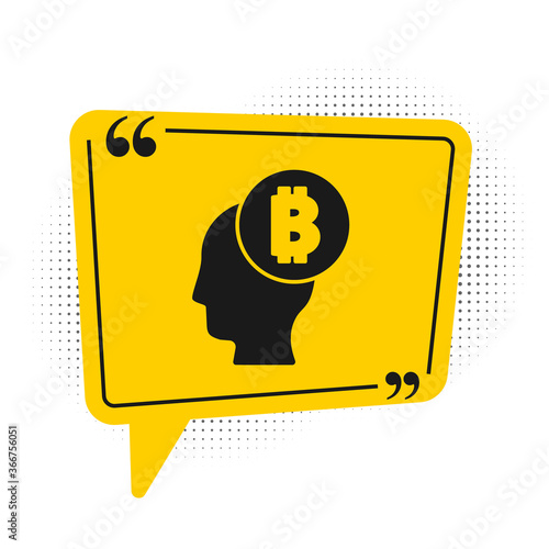 Black Bitcoin think icon isolated on white background. Cryptocurrency head. Blockchain technology, digital money market, cryptocoin wallet. Yellow speech bubble symbol. Vector.