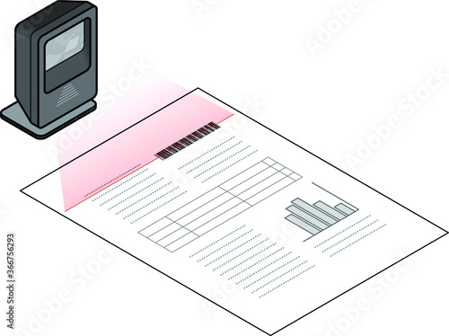 A free-standing desktop barcode scanner. Scanning the barcode on a document.