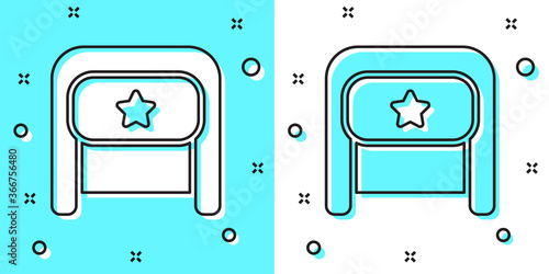 Black line Ushanka icon isolated on green and white background. Russian fur winter hat ushanka with star. Soviet Union uniform of KGB and NKVD. Random dynamic shapes. Vector.