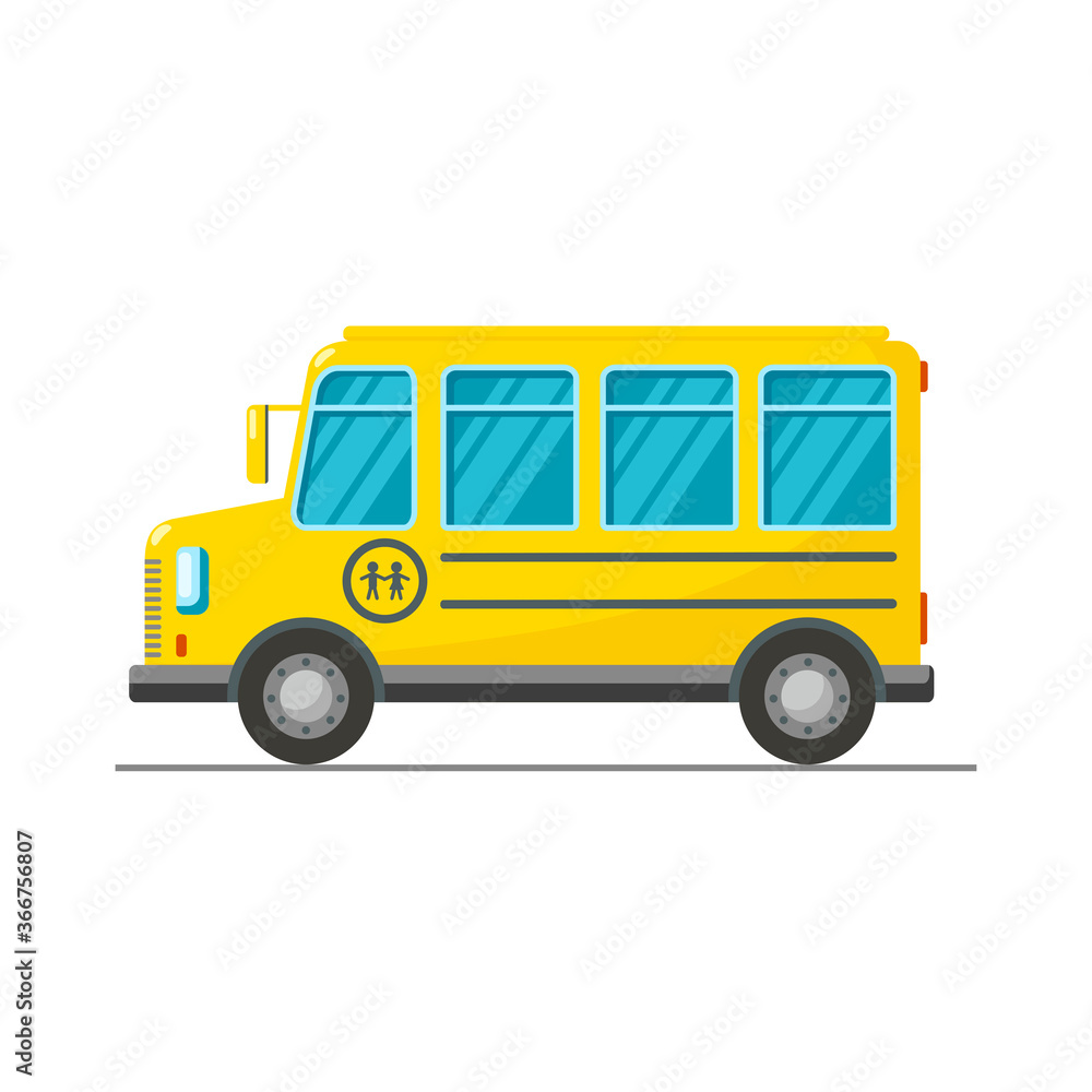 Vector yellow school bus isolated on white background. Illustration on flat style. Transfer for student. Design for card, banner