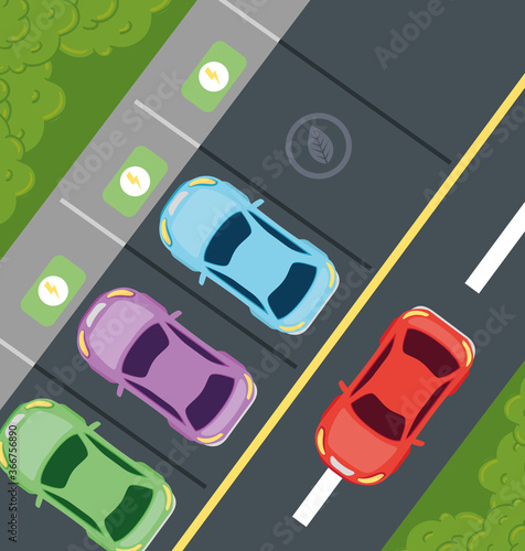 environmentally friendly concept, view aerial of, electric cars in parking