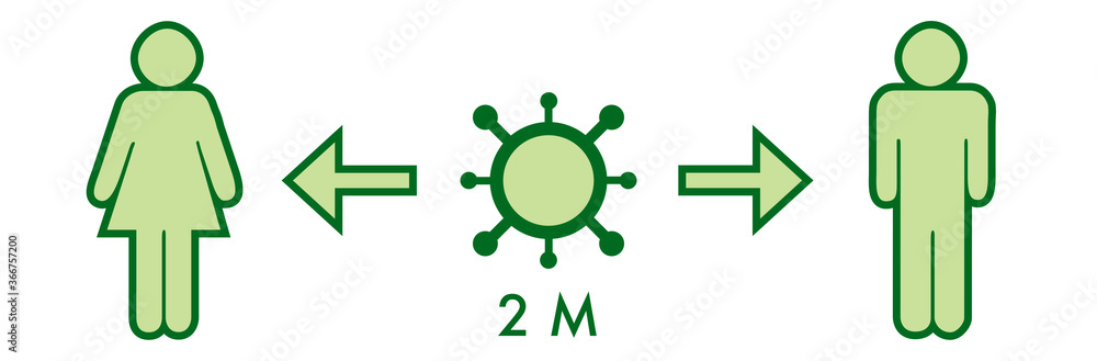 Ilustración de distanciamiento social entre hombre y mujer, con flechas verdes y coronavirus en el centro, remarcando la distancia recomendada de 2 metros Ilustración de distanciamiento social entre hombre y mujer, con flechas verdes y coronavirus en el centro, remarcando la distancia recomendada de 2 metros