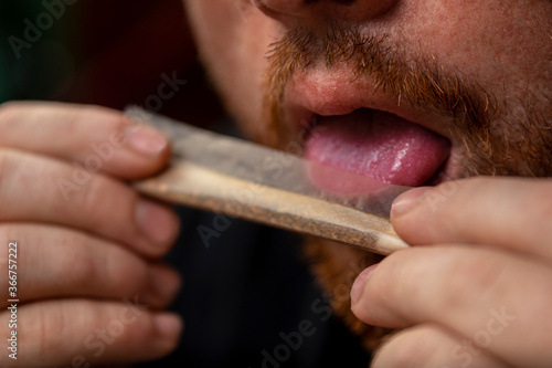 Rolling a marijuana joint. Close up of moistening. Narcotic consumption concept.