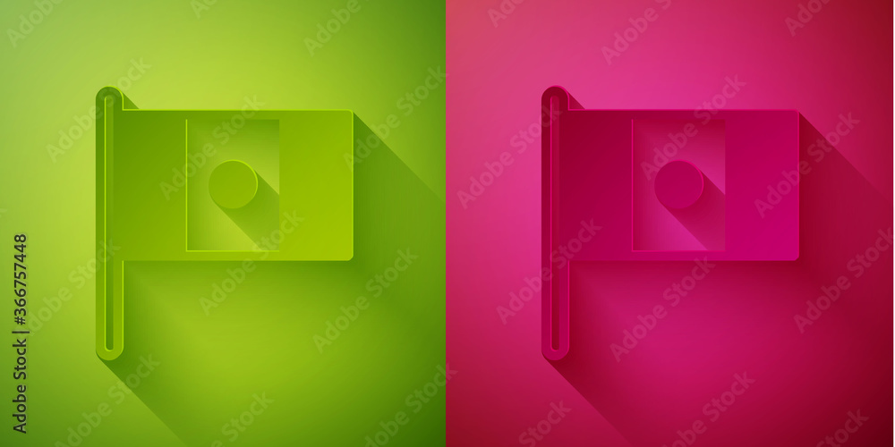 Paper cut Mexico flag on flagpole icon isolated on green and pink background. Paper art style. Vector. Paper cut Mexico flag on flagpole icon isolated on green and pink background. Paper art style. Vector.