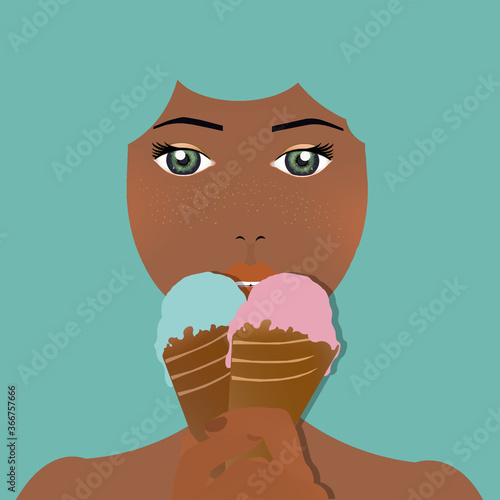 girl with ice cream cone, metisse child portrait, colorful illustration photo