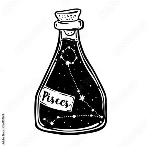 Glass Bottle with zodiac Pisces constellation inside. Vector ink illustration. Doodle style sketch, Black and white drawing isolated. Design for coloring book page for adults and kids.
