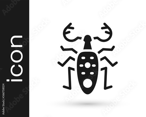 Black Beetle deer icon isolated on white background. Horned beetle. Big insect. Vector.