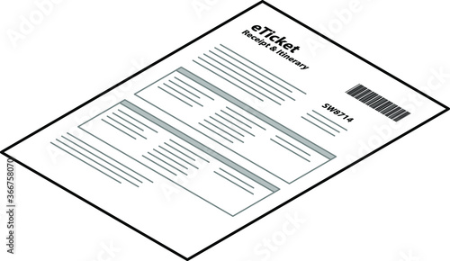 A printed eTicket, receipt and itinerary with a barcode and a booking reference number.