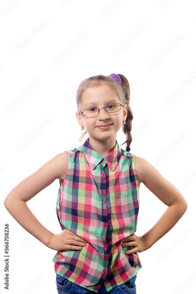 Little cute girl in glasses posing on a white background Little cute girl in glasses posing on a white background