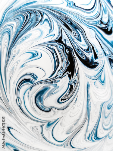Abstract blue-and-white drawing, multi-layer pattern of mixed paint, curved lines close up.