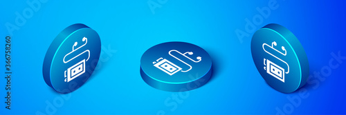 Isometric Museum audio guide icon isolated on blue background. Headphones for excursions. Blue circle button. Vector.
