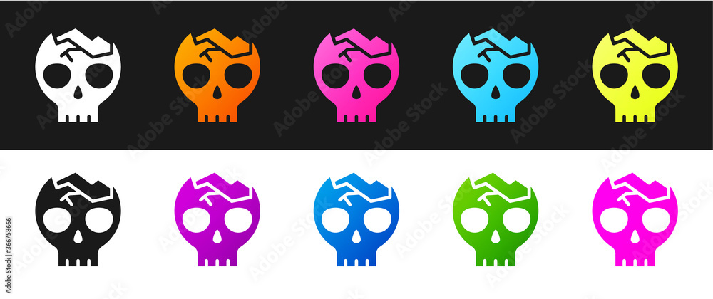 Set Broken human skull icon isolated on black and white background. Vector.