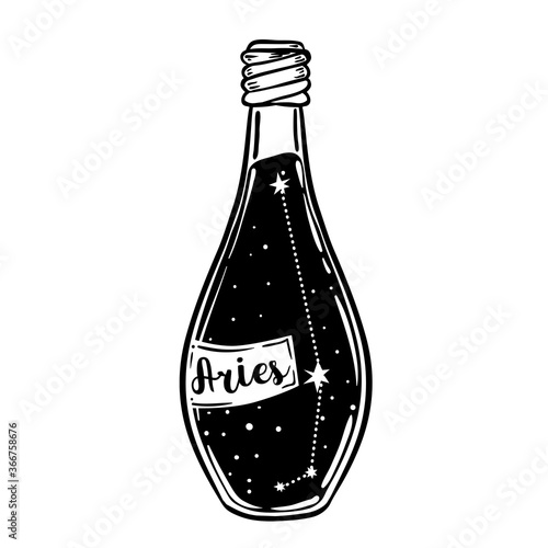 Glass Bottle with zodiac Aries constellation inside. Vector ink illustration. Doodle style sketch, Black and white drawing isolated. Design for coloring book page for adults and kids.