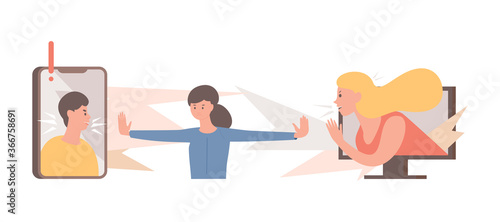 Stop spreading hoax and fake news vector flat illustration. Young woman trying to stop people, men, and women telling false news from television and internet. Information noise, check news concept.