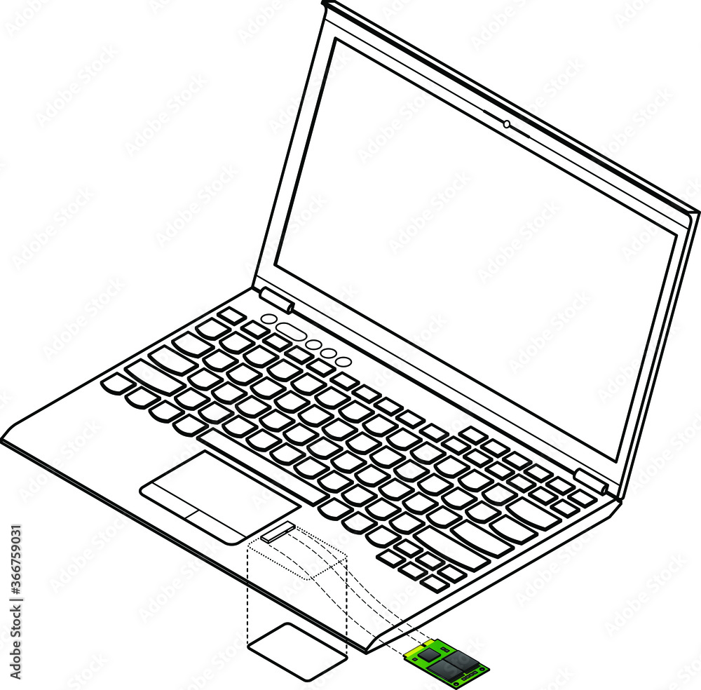Diagram showing installation / removal of an mSATA solid state hard drive (SSD) internally into
