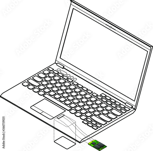 Diagram showing installation / removal of an mSATA  solid state hard drive (SSD) internally into a laptop computer.