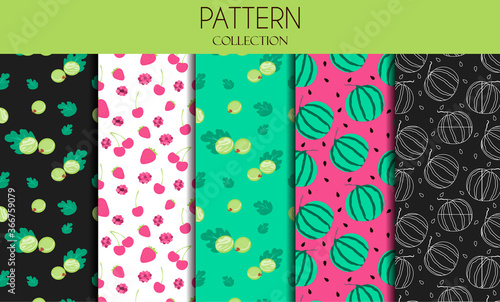 A set of seamless patterns with berries. Flat design of illustrations with gooseberries, strawberries, watermelon, cherries and raspberries. Vector patterns in one bright color scheme on a summer