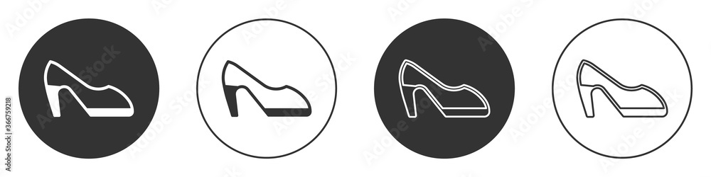 Black Woman shoe with high heel icon isolated on white background. Circle button. Vector.