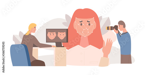 Face recognition, biometric identification system flat vector illustration. Man with photo camera taking a picture, woman uploading photos to computer. Cyber protection, identity detection concept.
