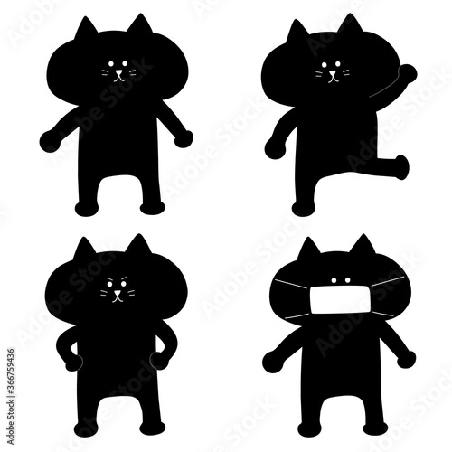 Black silhouette of cartoon cats. Vector illustration isolated on white background.