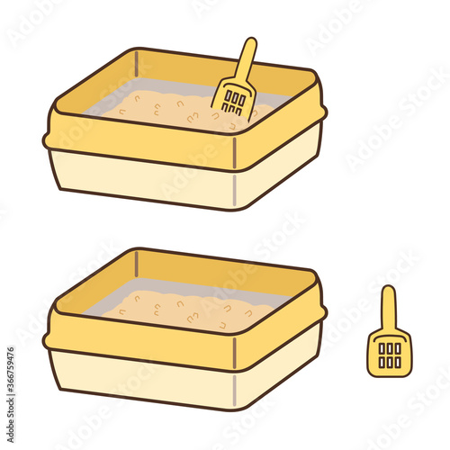 Cat litter box with scoop. Vector illustration isolated on white background.