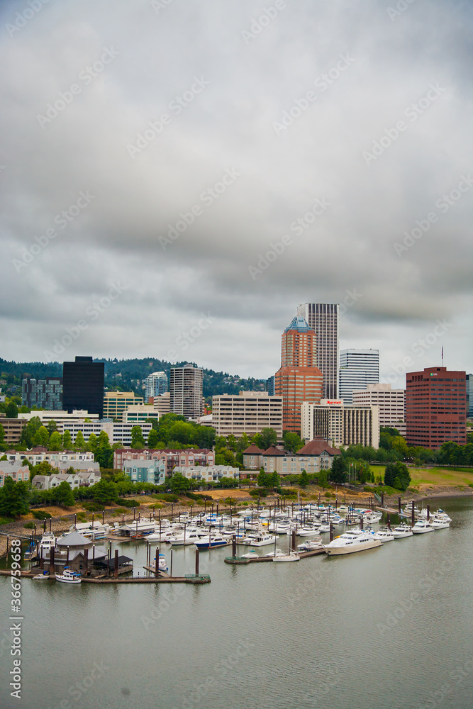Portland, Oregon, USA - 8/8/2010:  View of downtown Portland and the boat moorage basin