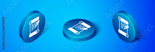 Isometric Decree, paper, parchment, scroll icon icon isolated on blue background. Blue circle button. Vector.