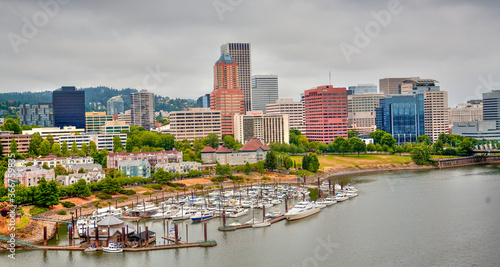 Portland, Oregon, USA - 8/8/2010: View of downtown Portland skyline and the boat moorage basin