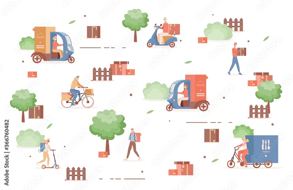 Online fast delivery service during Coronavirus outbreak. People in respiratory masks driving scooters, bikes, and trucks with food and goods outdoor vector flat illustration.