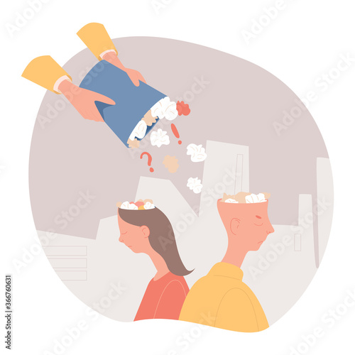 Fake news vector flat illustration. Someone hands filling man and woman heads with informational garbage. Information noise, hoax, disinformation, conspirators telling false news.