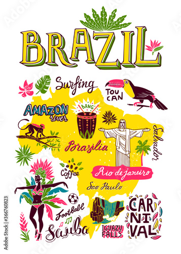 Fotografie Illustrated hand-drawn  poster about Brazil