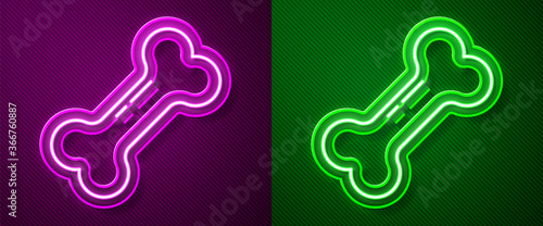 Glowing neon line Dog bone icon isolated on purple and green background. Pets food symbol. Vector.