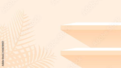 wood plank shelf on wall orange pastel soft color, modern shelf for display show on space wall, cute and chic counter desk panel for decoration, empty table top panel orange background, copy space