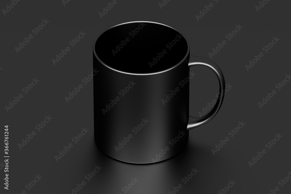 One black coffee mug cup with blank surface on black background One black coffee mug cup with blank surface on black background
