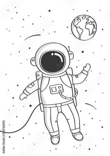 Astrounaut floating in space. Hand drawn sketch design illustration. Childish print for nursery. Vector.