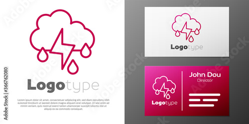 Logotype line Cloud with rain and lightning icon isolated on white background. Rain cloud precipitation with rain drops.Weather icon of storm. Logo design template element. Vector.