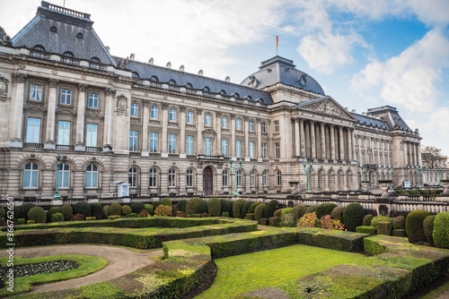 Exterior of the Royal Palace in Brussels, Belgium, on a partly cloudy winter day