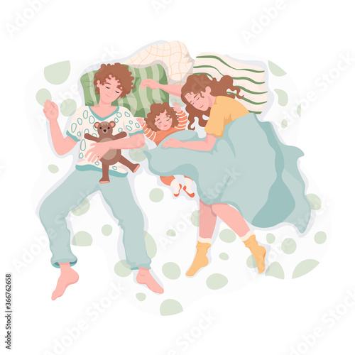 Family resting and hugging each other at night. Mother, father, and daughter sleep together on the bed and dreaming vector flat illustration. Everyday life, family time together.