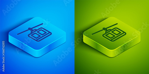 Isometric line Cable car icon isolated on blue and green background. Funicular sign. Square button. Vector.
